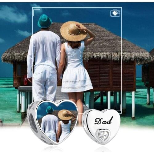 ELESHE Genuine 925 Sterling Silver Dads Day Gift With CZ Bead Personalized Photo Charm Fit Original Bracelet Women Jewelry
