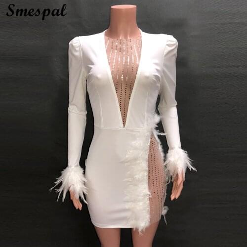 SMESPAL Bodycon Dress Mini Dress Women Sexy Party Dress Lace Hollow Out Dress In Feathers Details