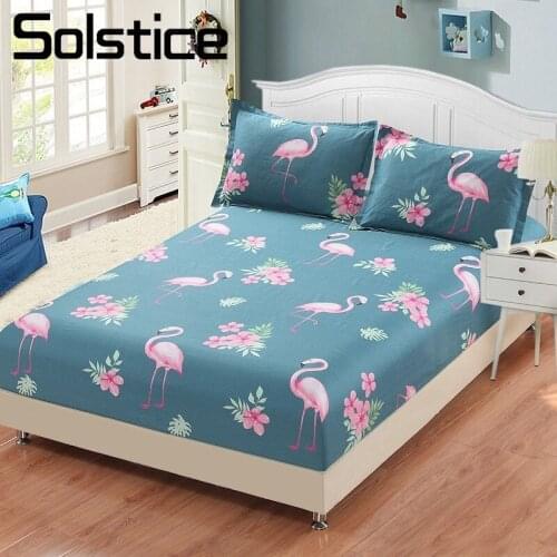 Solstice Home Textile Flamingo Blue Bedding Fitted Sheet 100%Cotton King Queen Single Size Girl Kid Bed Mattress Cover Protector