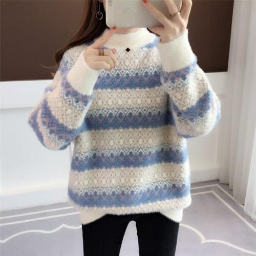 Turtleneck Sweater Geometric Ugly Christmas Sweater Women Korean Stylish Long Sleeve Jumper Half High Neck Warm Soft Pullovers