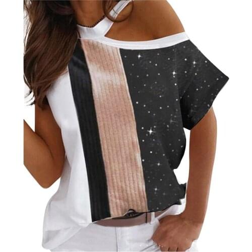 Fashion Sequins Stripe Stitching White T-shirt 2021 Summer Sexy Off Shoulder Short Sleeve Tshirt Women Casual Street Black Tops