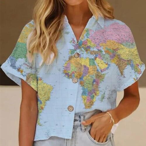 Spring Summer Short Sleeve Holiday Beach Blusa Sexy Maple Leaf Harajuku Shirt Blouses Women Elegant Turn-down Collar Button Top