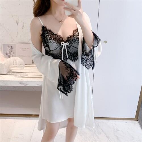 Ice Silk Pajamas Women Spring And Summer Lace New Style Sling Chest With Pad Sexy Nightdress Nightgown Two-Piece Thin