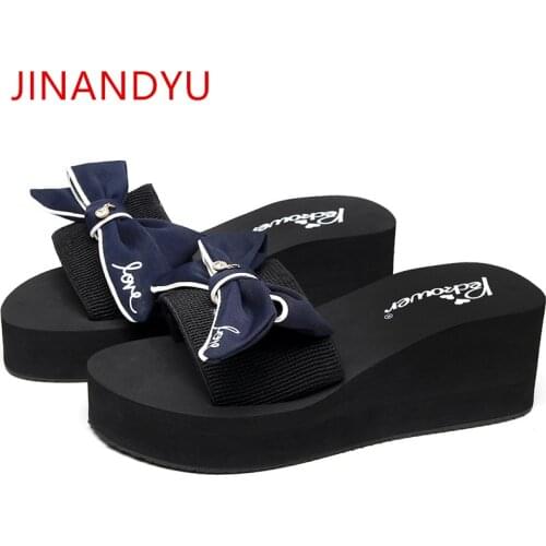 Wedge Platform Slippers Big Bow Shoes Women 6CM High Heel Mule Femme Talon Woman Slippers Home Sandale Ete Femme Plate