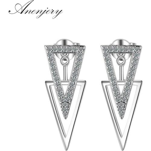ANENJERY 925 Sterling Silver New Fashion Micro CZ Zircon Double Triangle Geometry Hanging Earrings For Women Earrings S-E284