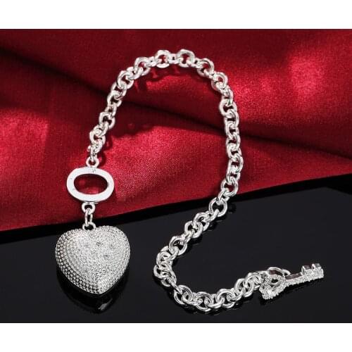 925 Sterling Silver 8 Inch AAA Zircon Key Heart Pendant Bangle For Woman Fashion Charm Wedding Jewelry Gift