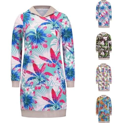 Ele-choices Women Hooded Dress Flower Print Large Pocket Autumn Winter Loose Long Sleeve High Waist Dress Streetwear for Daily