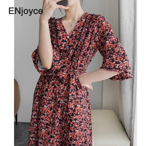 Vintage Floral Printed V-neck Puff Long Sleeve Midi Dress Korean Casual A-line Chiffon Beach Dresses Summer Clothes for Women
