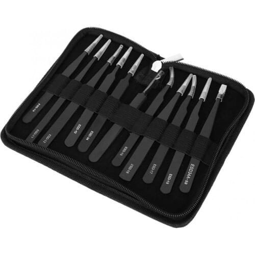 11Pcs/Set ESD High Hardness Stainless Steel Precise Tweezers Repairing Tool Accessories with Bag Industrial Repair Tweezers