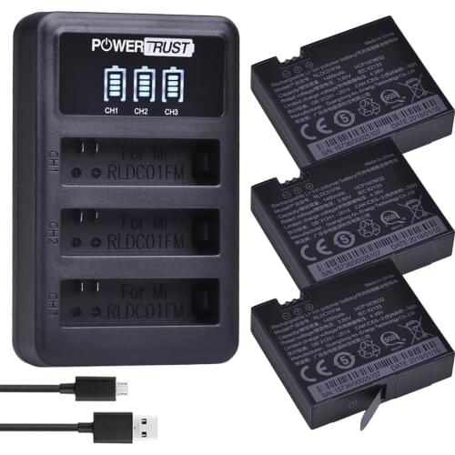 PowerTrust 3Pc 3.80V Original Mijia Li-ion Battery + LED 3-slots USB Charger for Xiaomi Mijia Mini Action Sports Camera Battery