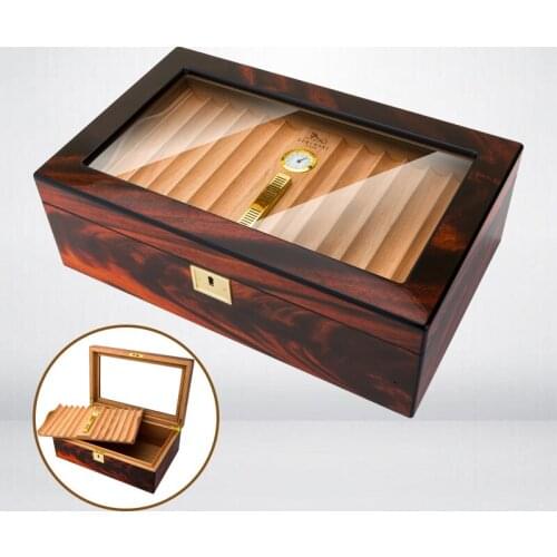 Wood grain large see-through window double layer cigar humidor Cedar Wood Cigar Travel Humidor Box Portable Cigar Case