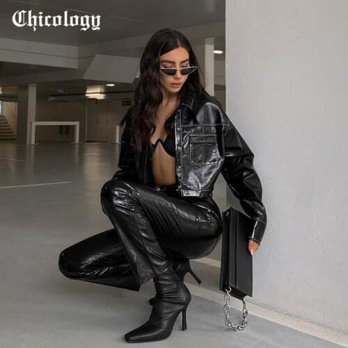 Chicology 2021 Women Autumn Winter Lether Polo Neck Long Sleeve Button Fashion Pocket Black Streetwear Casual Loose Jacket