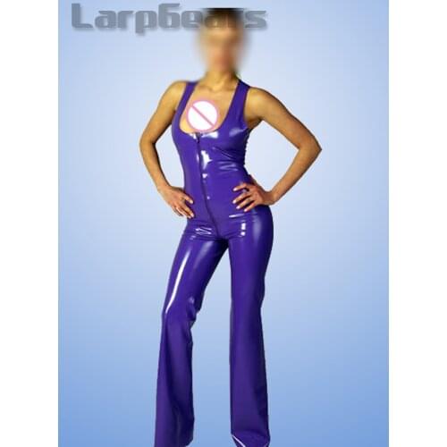 Purple Sleeveless Latex Catsuit With Front Zipper Rubber Body Suit Bodysuit Zentai