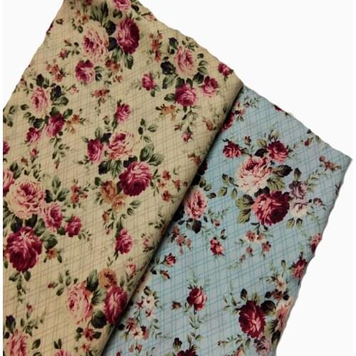 Graceful Beige Blue Blooming Peony Flower Checked Printed Cotton Poplin Fabric Floral Poplin Fabric For DIY Sewing Baby Cloth