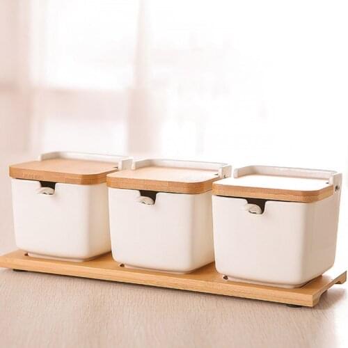 Ceramic Sugar Bowls with Spoons and Bamboo Lids Square Porcelain Condiment Jar G6DA