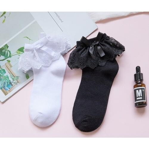 Bowknot Lace Ruffle Lolita Socks Cute Black White Cotton Princess Sock Women Breathable Short Socks Anime Cosplay Ankle Soxs