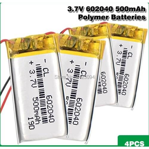 500mAH 3.7V 602040 polymer lithium ion / Li-ion Rechargeable battery For mp3 mp4 GPS Voice Recorder Backup Power PC Smart Watch