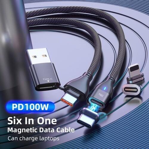 FLOVEME PD 100W Magnetic USB Cable 6 in 1 Type C to C Cable 60W Fast Charge USB Cord for iPhone 11 12 Pro Samsung Galaxy S20