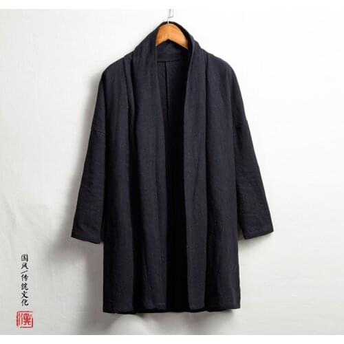 Men High Qualiyt Cotton Linen Long Jacket China Style Kongfu Coat Male Loose Kimono Cardigan Overcoat