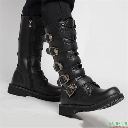Mens Leather Motorcycle Boots Mid-calf Military Combat Boots Gothic Belt Punk Boots Men Shoes Tactical Army Boot