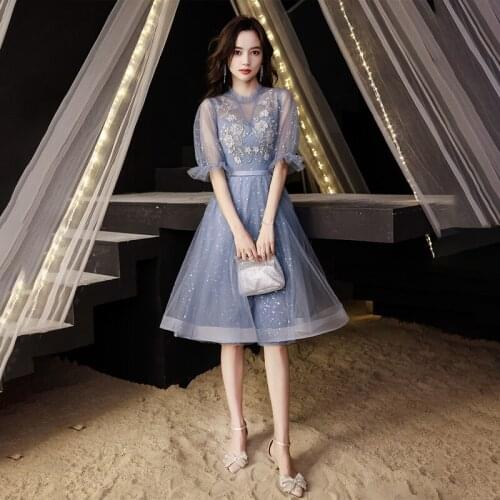 Sequins High Neck Half Sleeves Evening Dress Appliques Fashion A-Line Empire Ruched Tea-Length Woman Formal Party Gowns A1439