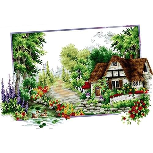 Full Range of Embroidery Starter Kits Stamped Cross Stitch Kits Beginners for DIY Embroidery (Garden House Pattern Designs)