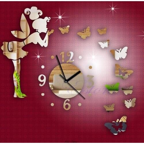 Hot Modern Butterfly Fairy Clock DIY 3D Art Mirror Wall Sticker Kids Room Bedroom Home Decor For Wall Decoration Stickers