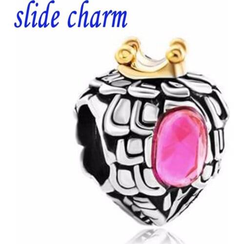 Slide charm Free shipping Valentines Day gift fashion pink oval acrylic inlaid crown love charm beads fit Pandora bracelet