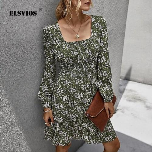 Vintage Square Collar Long Sleeve Dress Casual Floral Printed A-Line Dress 2020 Autumn New Ladies Elegant Party Dresses Vestidos