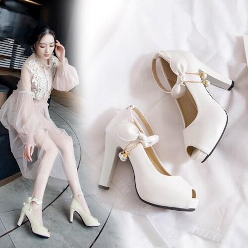 YMECHIC Fashion Ankle Strap Womens Shoes Heels White Pink Bowtie Bead High Heel Pumps Peep Toe Party Wedding Bride Shoes Summer