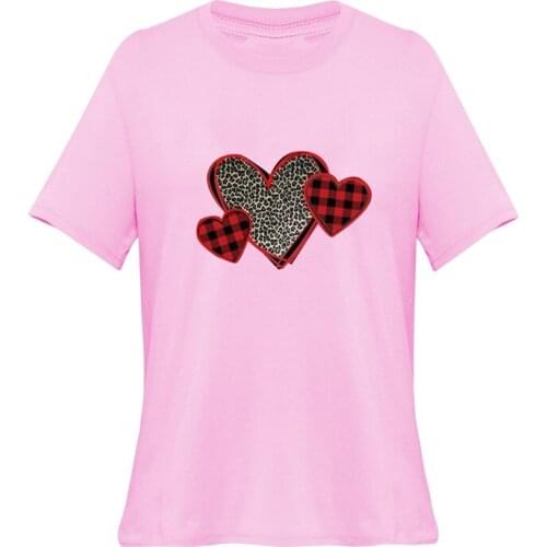 Womens Leopard Plaid Love Heart Print Valentines Day Short Sleeve T-Shirt Top