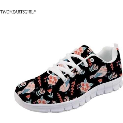 Twoheartsgirl Flowers Bird Printed Women Casual Shoes Breathable Walking Mesh Lace up Flat Shoes Sneakers Women Feminino