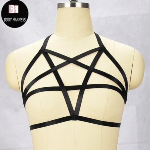 Hot Women Sexy Lingerie Harness Cage Elastic Bondage Strappy Tops Pentagram Body Harness Goth Bra Harajuku Fetish Wear Body Belt