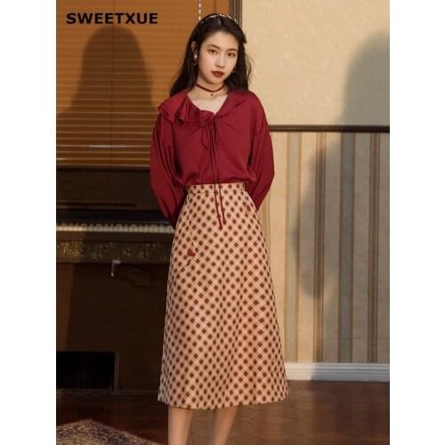 SWEETXUE Retro Red Casual Shirt Top + Plaid Skirt Two-Piece Suit 2020 Women Fashion Elegant Temperament Chic Ladies Sets
