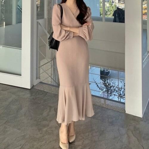 Womens Elegant Dress Chic Spring Autumn New Hepburn Style Thin V-Neck Cross Waist Tie-Up Mermaid Little Black Dress