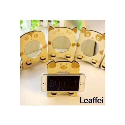 1pcs/lot New Cute Cartoon animals mirror wooden DIY Multifunction with Mobile phone holder Nice gift
