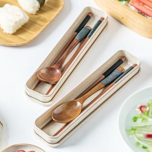 3Pcs/Set Nice Gift Japanese Style Wooden Spoon Fork Chopsticks Tableware Travel Cutlery Sets Portable Kitchen Supplies
