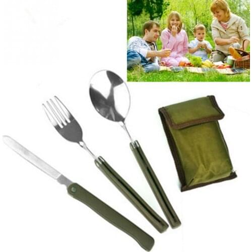 4pcs Multi-function Stainless Steel Army Green Folding Cutlery Set with Pouch Cooking Camping Picnic Tableware