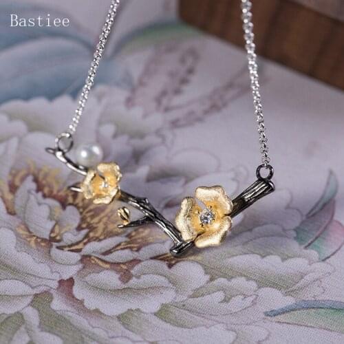 Bastiee 925 Sterling Silver Zircon Pearl Necklace Pendant Jewelry For Women Plum Blossom Flower Gold Filled Link Chain