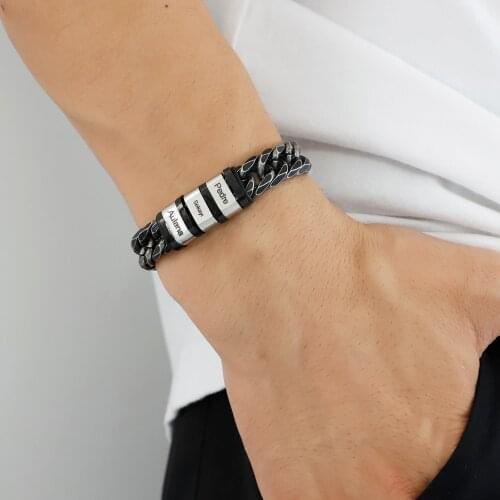 Personalized Men Bracelet Jewelry Gift Custom Name Date Beads Bracelet Black Stainless Steel Colors Fathers Day Gift