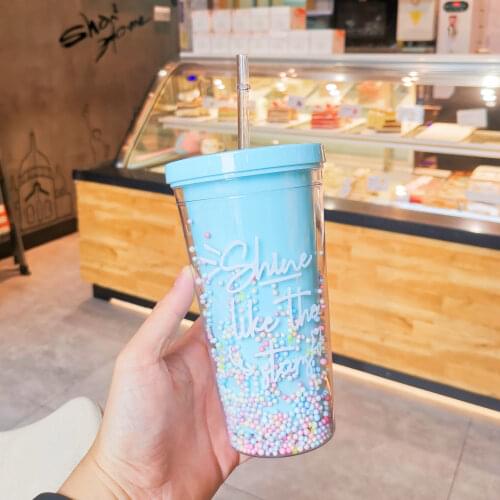 Double Layers Rainbow Plastic Water Bottle With Straw Korean Style Ice Mug With Flat Lid Creative Sweet Mug Milk Coffee Tea Cup