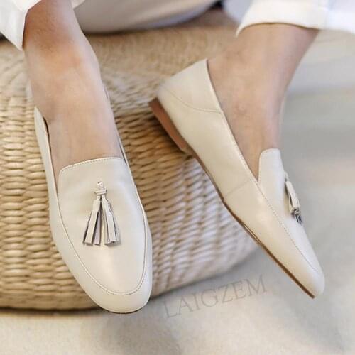 LAIGZEM Top Quality Women Flats Soft Full Real LEATHER Loafers Shoes Woman Flat Comfortable Driving Casual Footwear Size 39 40