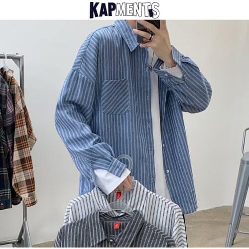 KAPMENTS Men Long Sleeve Pockets Striped Shirts 2021 Mens Korean Fashions Spring Harajuku Shirt Vintage 3 Colors Casual Blouse