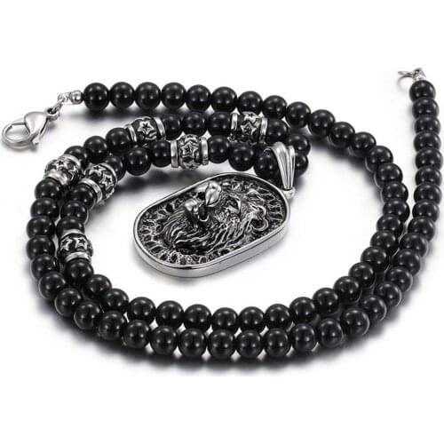 Mens Cool Jewelry Black Ball Vintage Stainless Steel Lion Tag Pendant Necklace 28"