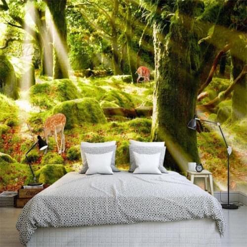 Custom HD 3D Mural Wallpaper Living Room Bedroom HD background wall decorative Big tree sunshine sika deer painting wallpaper