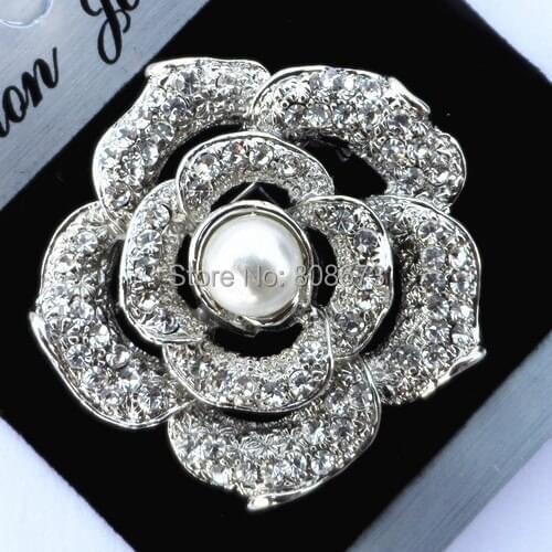 Wholesale 60PCS/LOT Rhodium Plated Crystal And Pearl Rose Flower Pins Brooch