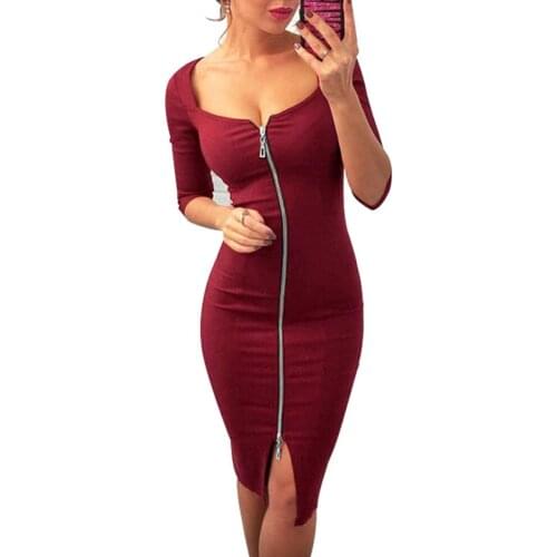 Women Sexy Solid Color Zipper V Neck Elbow Sleeve Bodycon Stretchy Party Dress