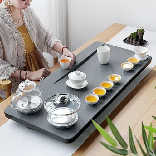 Black stone tea tray induction cooker glass electrical kettle sterilizing pan automatic tea table for kungfu tea set heavy China