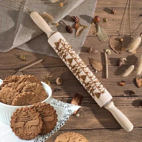 35/43CM Christmas Rolling Pin Engraved Carved Wood Embossed Rolling Pin Christmas Deer Kitchen DIY Pasta Cookie Pastry Tool E2S