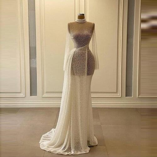 Sexy See Thru Beads Evening Dresses High Neck Full Sleeves Mermaid Prom Gown Floor Length Formal Party Dress Vestido Custom Made